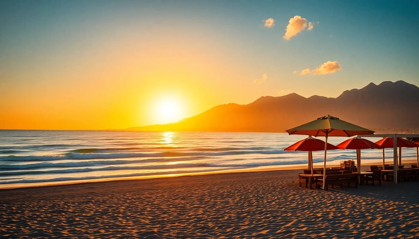 Live webcam of Teneriffa providing a stunning sunset view over the beach and mountains.