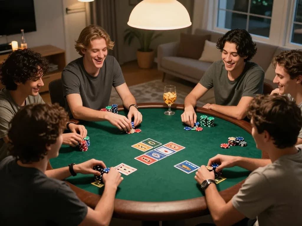 Bet88 players enjoying a lively poker night with vibrant chips and community cards.
