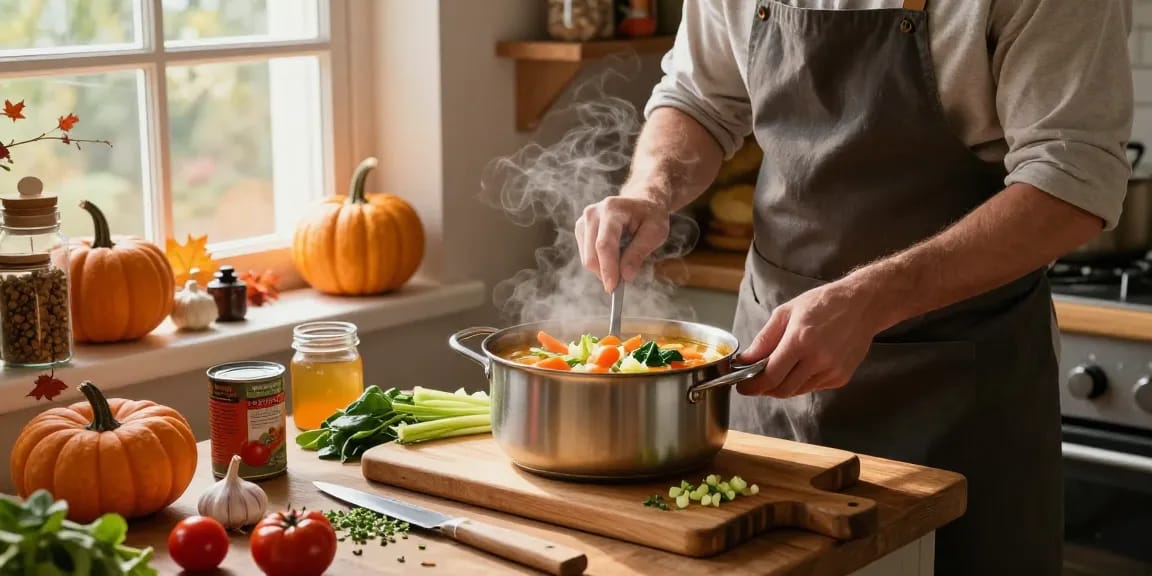 Lebendige vegane Suppe, die mit frischen Zutaten gekocht wird und Vegane Suppen in einer gemütlichen Küche zeigt.