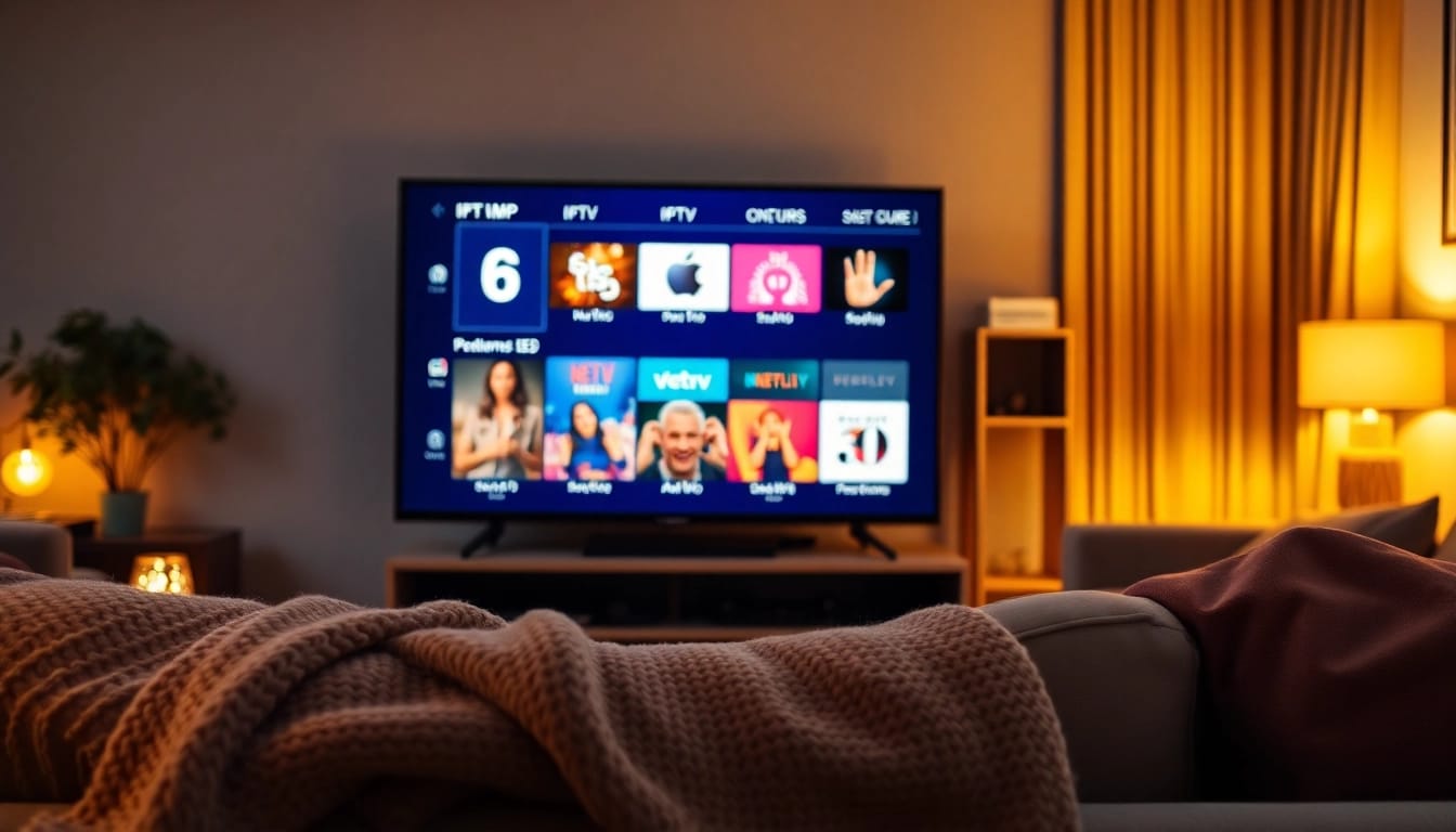 Iptv Kaufen: Gemütliche Wohnzimmer-Einrichtung mit IPTV-Optionen auf modernem Fernseher.