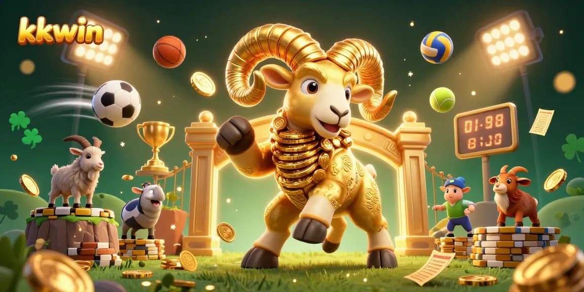 Engage with kkwin's exciting casino experience featuring a dynamic scene with a golden ram, sports elements, and rich details.