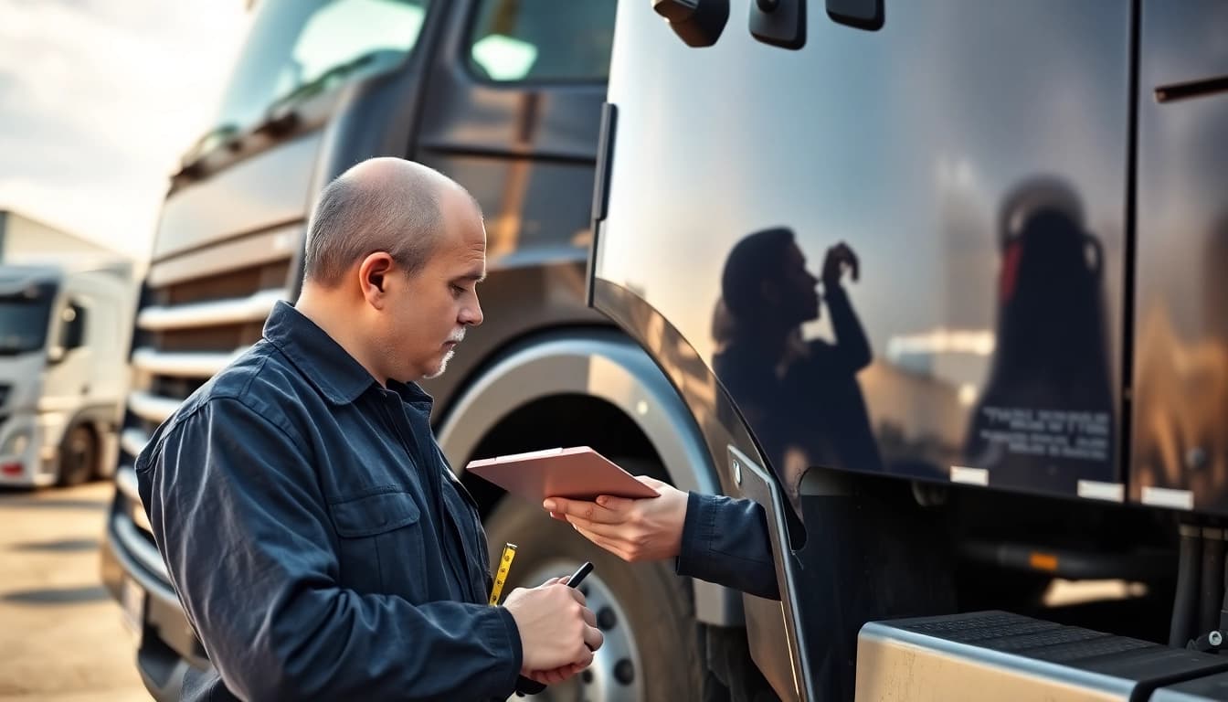 Lkw Gutachter Augsburg überprüft einen großen Lkw in einem Transportlager mit Fachkenntnis.