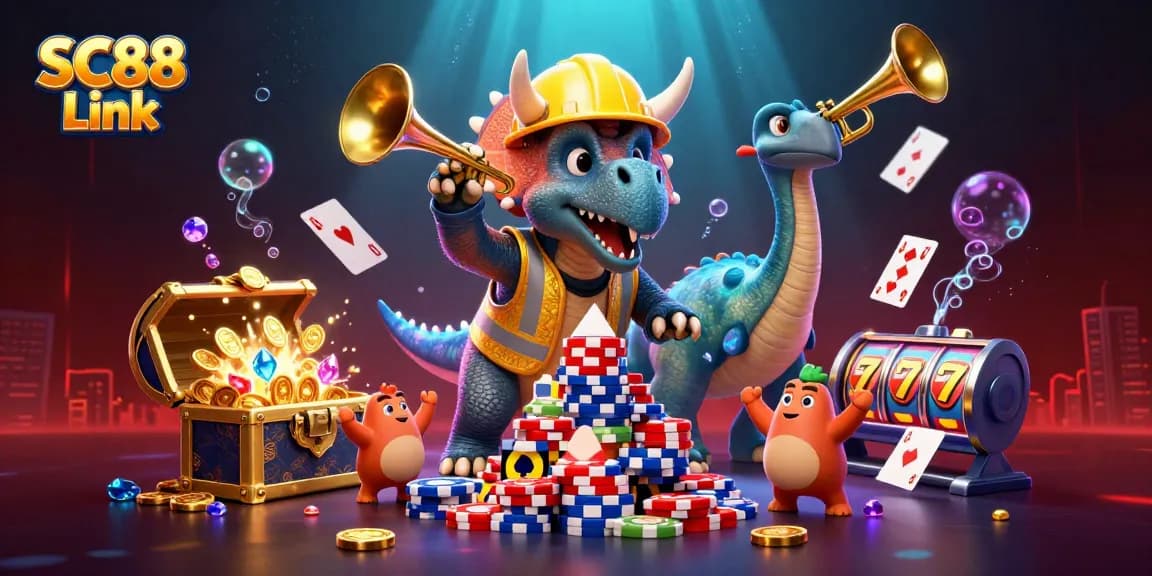 Celebrate wins with SC88 Link in a dynamic 3D casino scene featuring cheerful dinosaurs and exciting slot games.