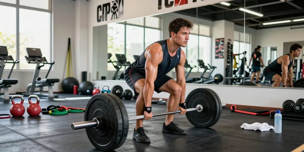 Ein Mann hebt Gewichte im Anabolika Shop Fitnessstudio und zeigt Krafttraining in einem modernen Fitnessumfeld.