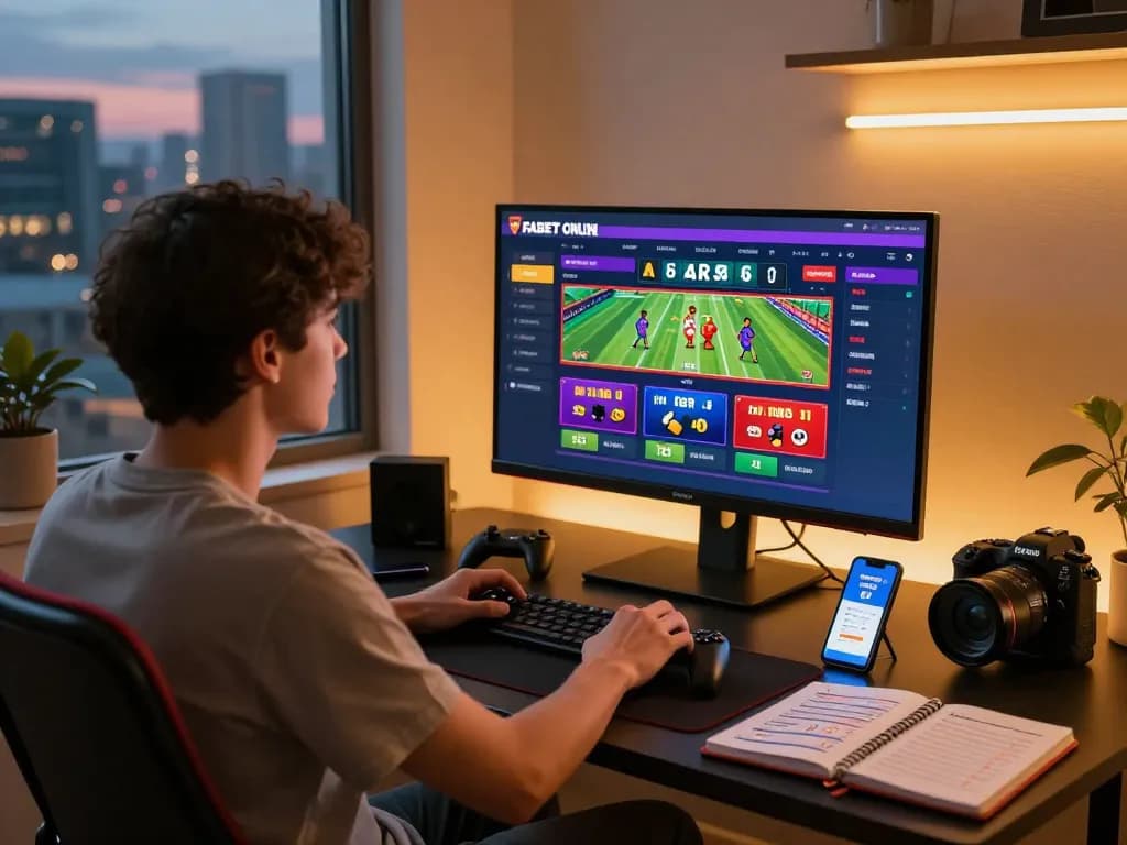 Engaged player enjoying FABET online betting experience with vibrant interface and modern gaming setup.