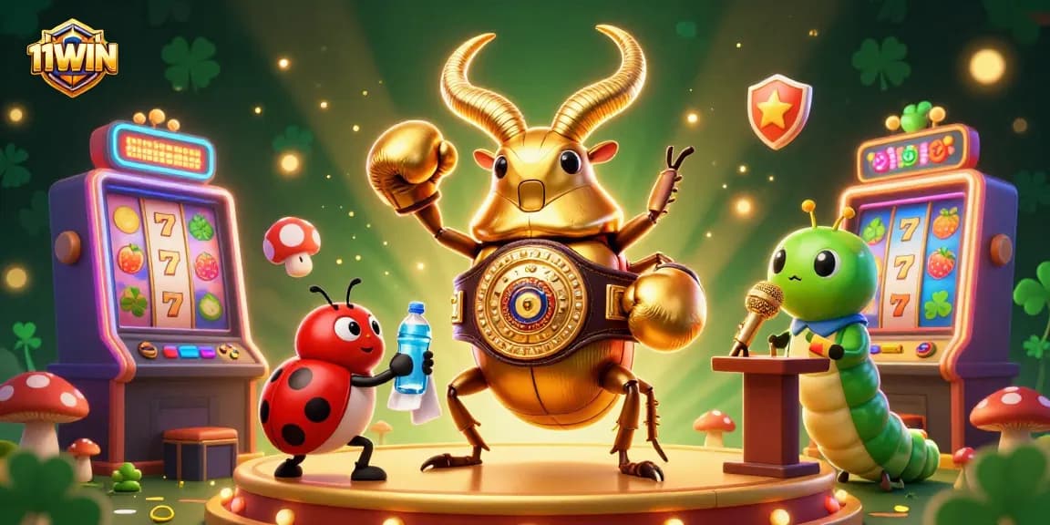 Join the action at 11WIN with a cartoon beetle boxing champion surrounded by vibrant slot machines.
