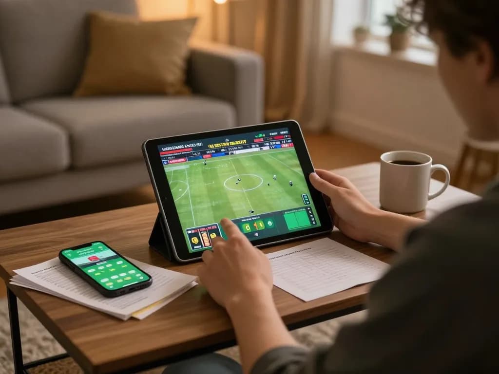 Cakhiatv86 user engaging in sports betting on tablet at home, showcasing responsible gambling atmosphere.