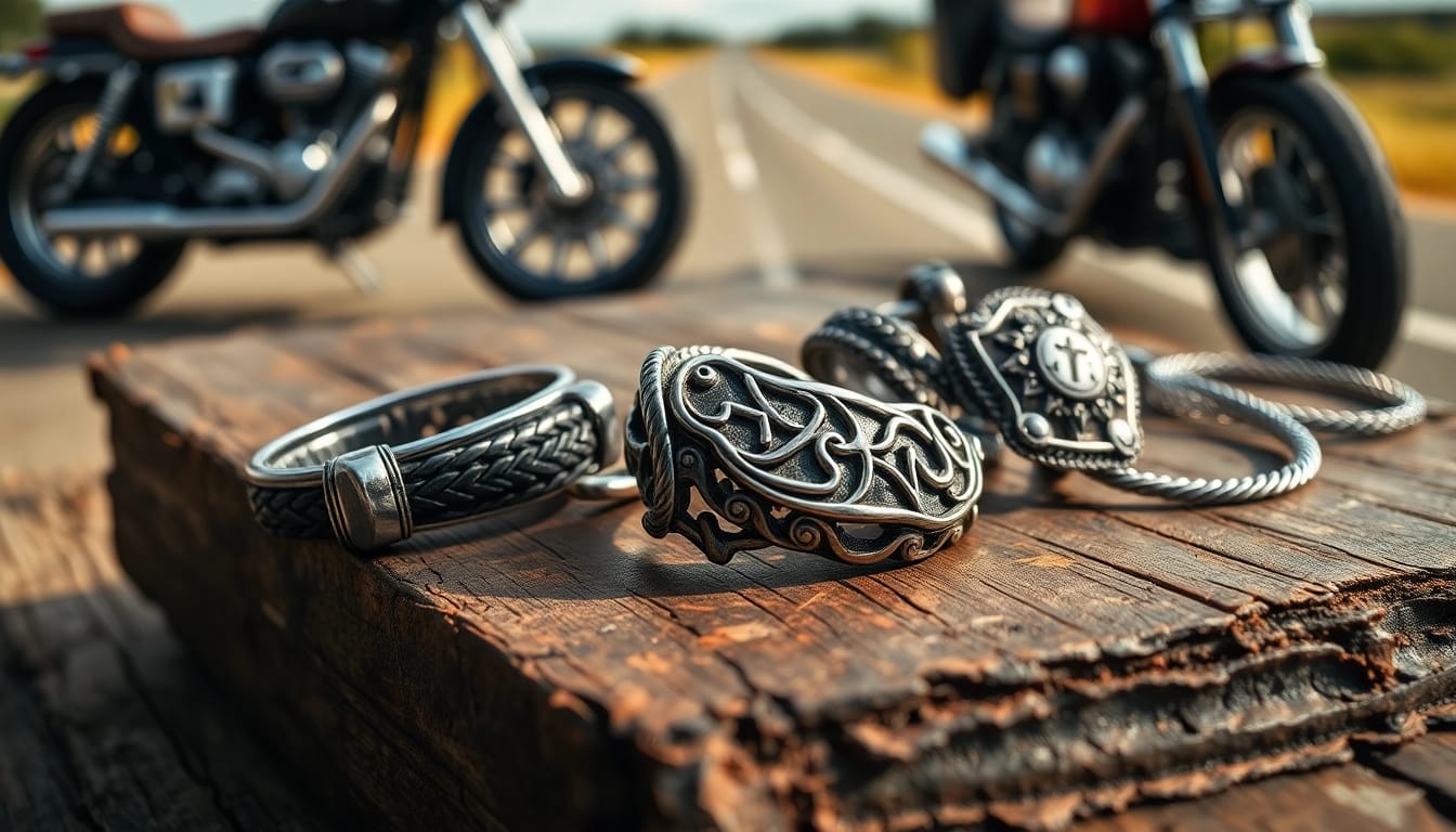 Bikerschmuck auf rustikaler Holzoberfläche, zeigt feine Handwerkskunst und Details.