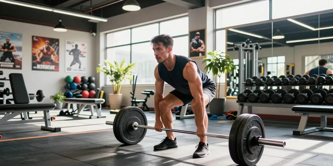 Ein Mann im Anabolika Shop hebt Gewichte in einem modernen Fitnessstudio, umgeben von Fitnessgeräten.