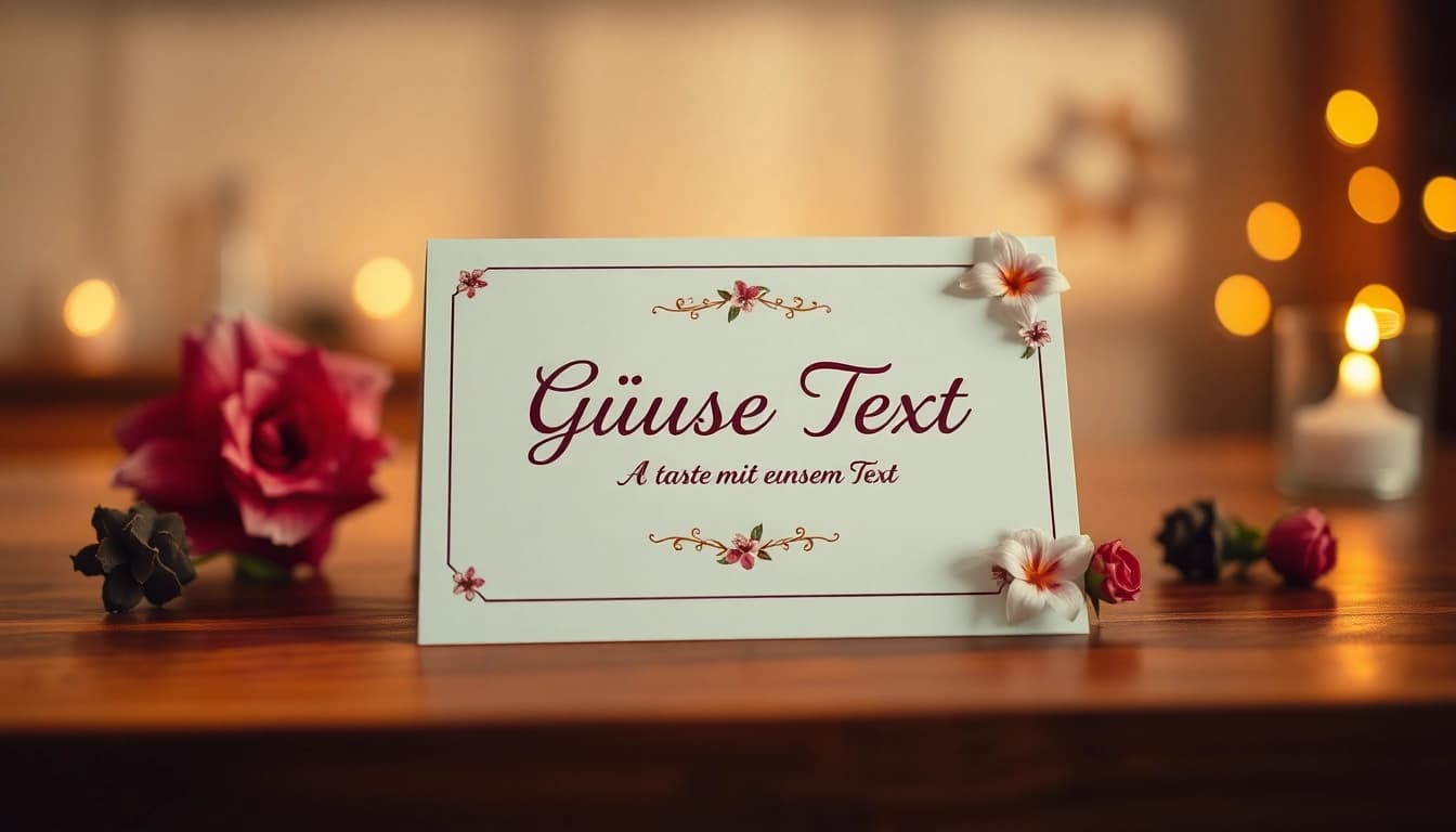 Karten mit eigenem Text in ansprechender Atmosphäre auf einem Tisch, umgeben von Blumen und Kerzen.