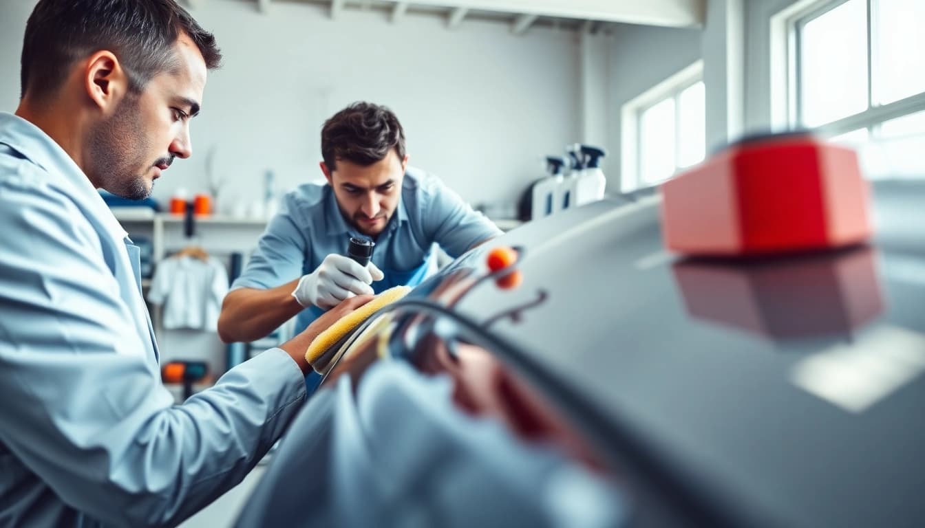 Professionelle Fahrzeugaufbereitung mit Detailarbeit an einem Auto in einem hellen Werkstattumfeld.