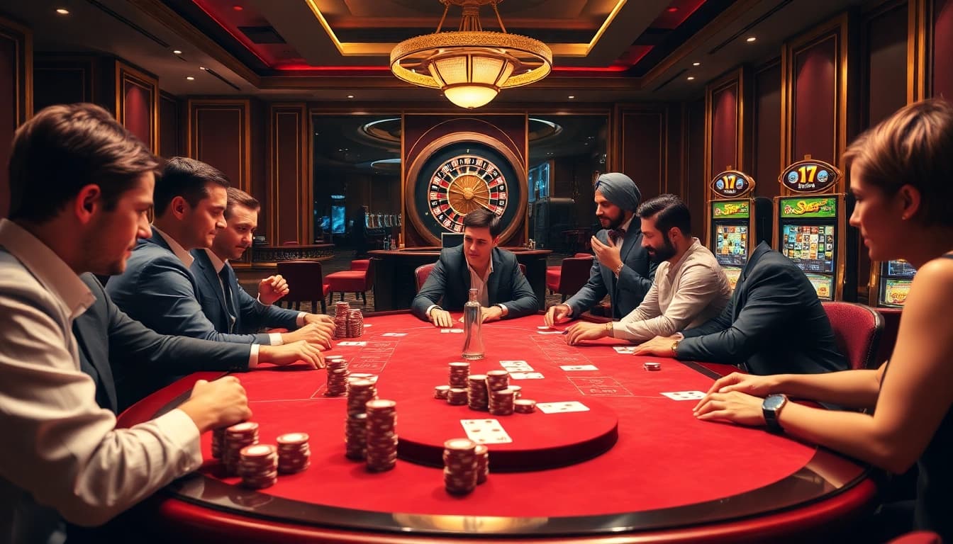 Players enjoy a vibrant poker game at เว็บ soibet, surrounded by illuminating slot machines and luxurious decor.