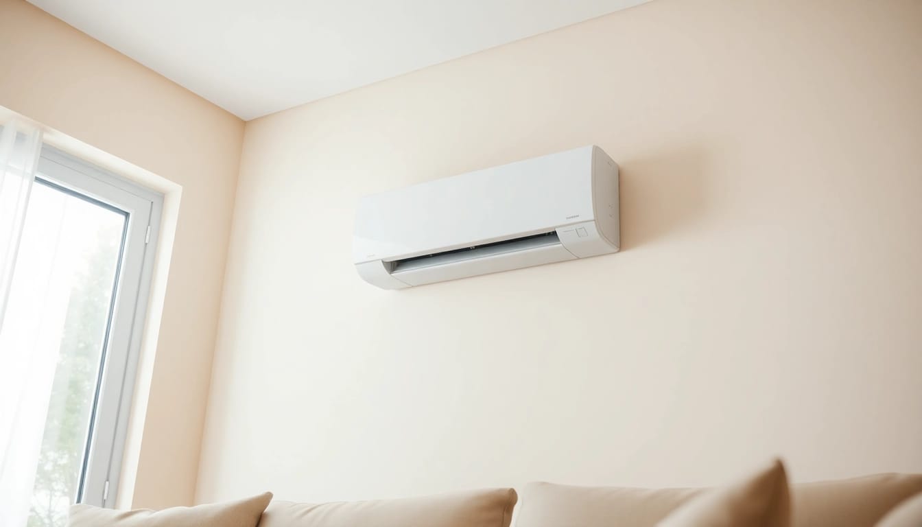 Klimate kaufen: Modern split air conditioning unit enhancing a cozy living room ambiance.