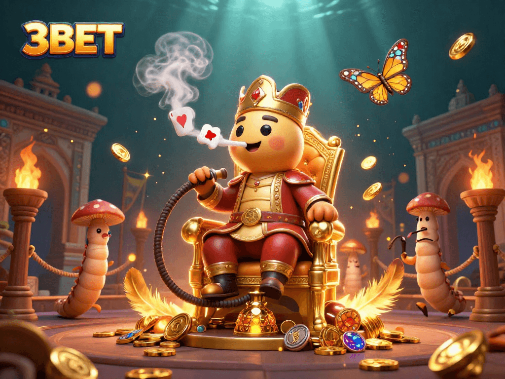 3BET engages in exciting casino action with a whimsical illustrated scene depicting a caterpillar poker master.