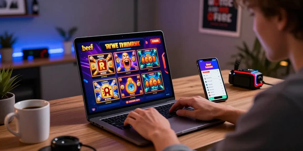 Beef Casino Spieler im modernen Homeoffice, der auf einem Laptop spannende Slots genießt.