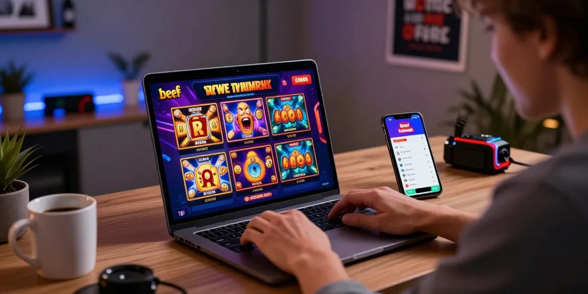 Beef Casino Spieler im modernen Homeoffice, der auf einem Laptop spannende Slots genießt.