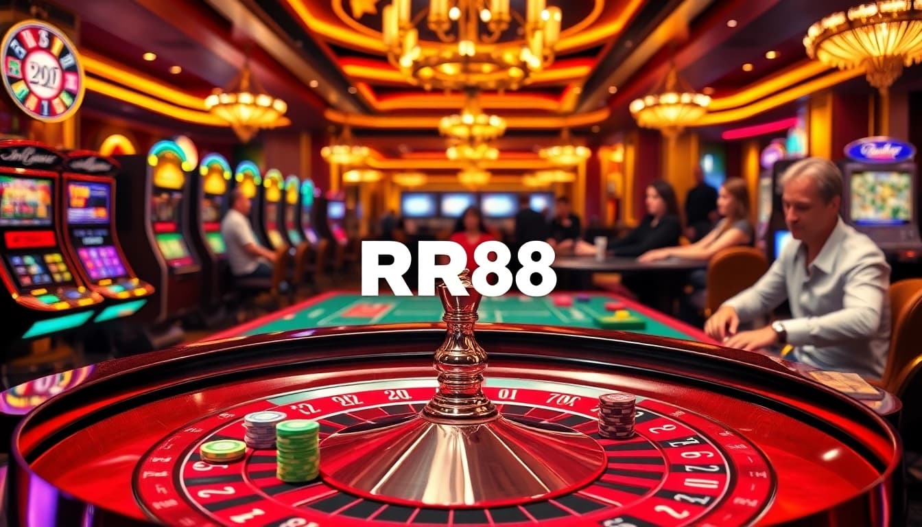 RR88 logo displayed elegantly at a high-stakes casino table with poker chips.