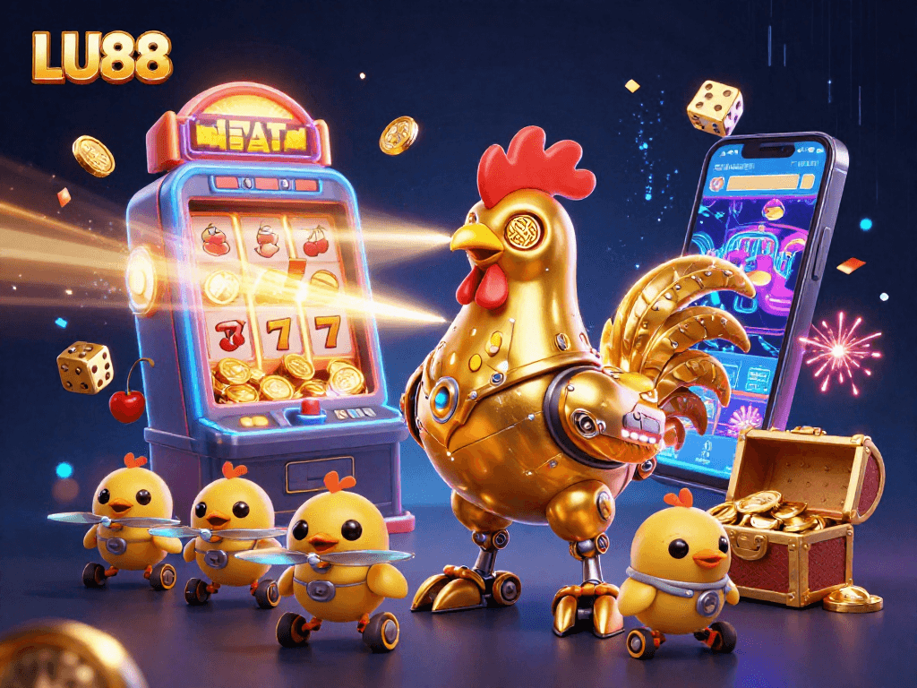 Play the LU88 casino games with excitement surrounded by vibrant slot machines and golden treasures.