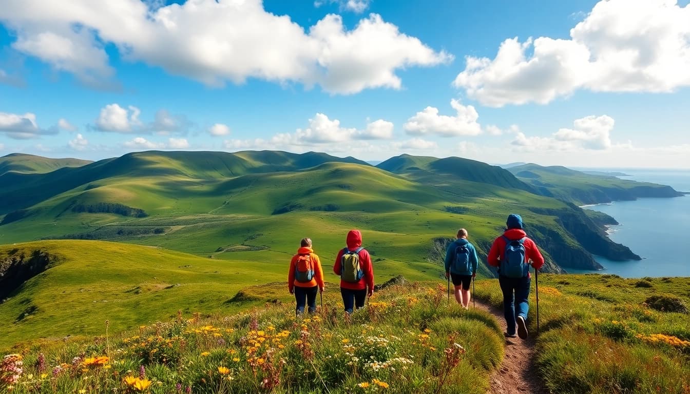 Wanderer genießen das wandern in Irland auf malerischen, grünen Hügeln.