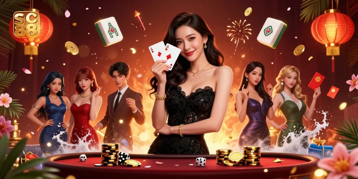 Experience the excitement of sc 88 with a stylish casino scene featuring an elegant woman and dynamic gambling elements.