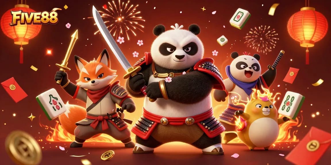 Engage with thrilling gameplay at FIVE88, featuring dynamic 3D samurai panda and magical elements.