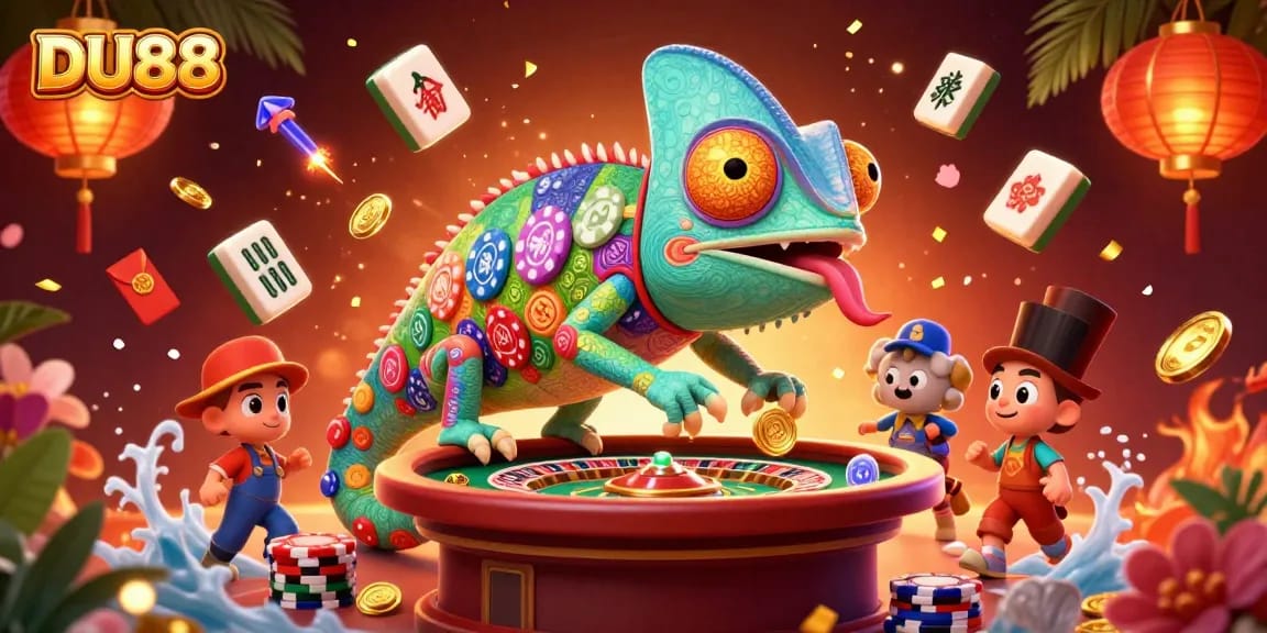 Engage with DU88's vibrant casino atmosphere featuring a colorful chameleon owner catching golden coins.
