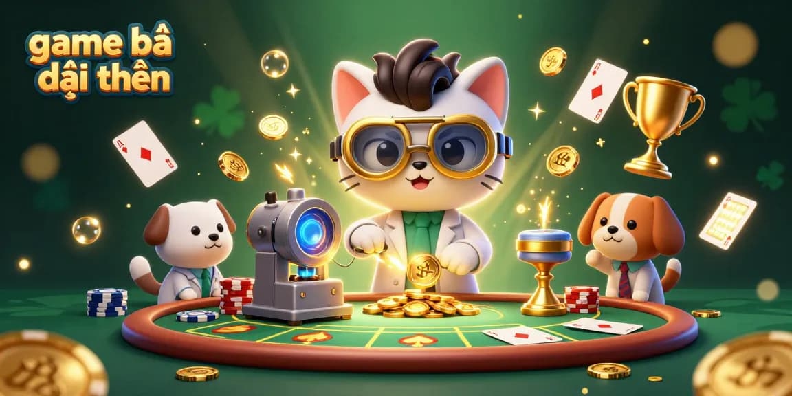 Experience the excitement of game bài đổi thưởng with a whimsical 3D cartoon scene featuring dynamic casino elements.