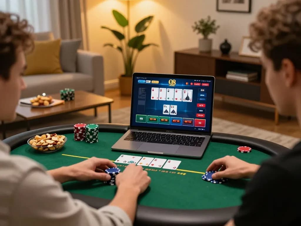 O8 SOCIAL gaming on a laptop with poker interface, cozy home atmosphere, and strategic betting notes.