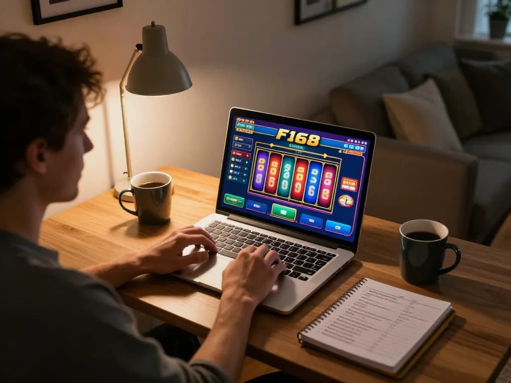 Player enjoying F168 online slots with vibrant game interface and strategic notes beside laptop