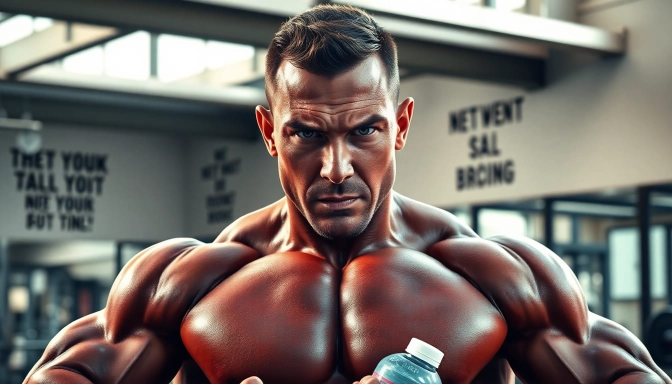 Trenbolon kaufen: Leistungsstarker Bodybuilder in einer energiegeladenen Fitnessumgebung.