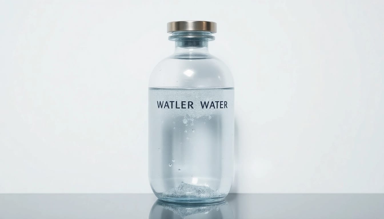 Kolloidales Silber 25 ppm in einem klaren Behälter mit sanfter Beleuchtung zeigt die Reinheit des Produkts.