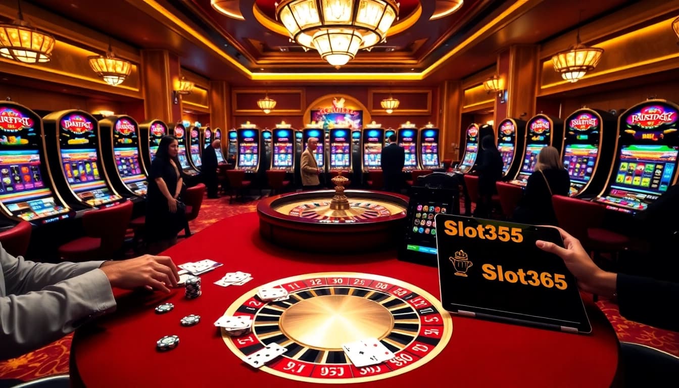 Experience the thrill of winning with slot365 at an elegant casino setting filled with poker chips and slot machines.