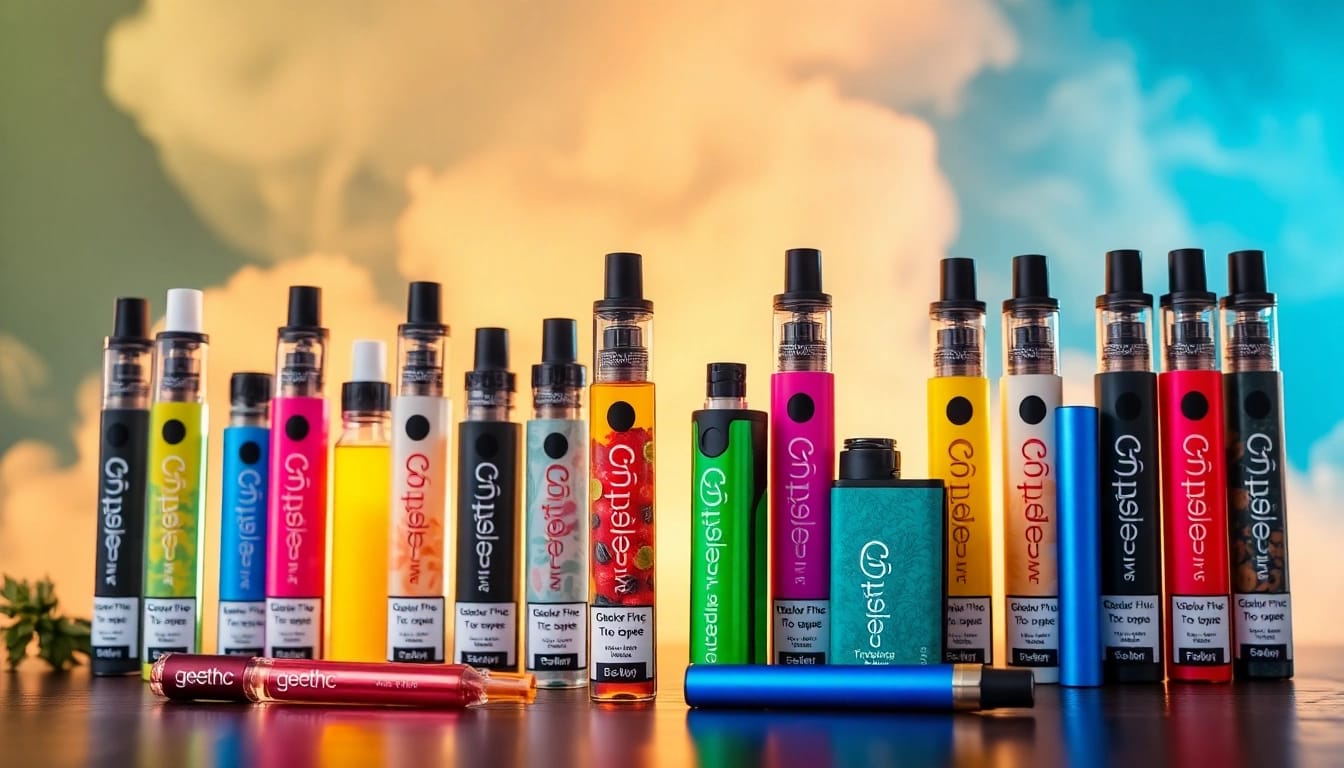 Discover the unique geekthc vape flavors in a vibrant presentation of disposable vapes.