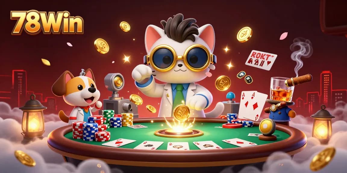 Engage in thrilling poker action at 78Win with a mad scientist cat and assistant dog amidst gold coins and chips.