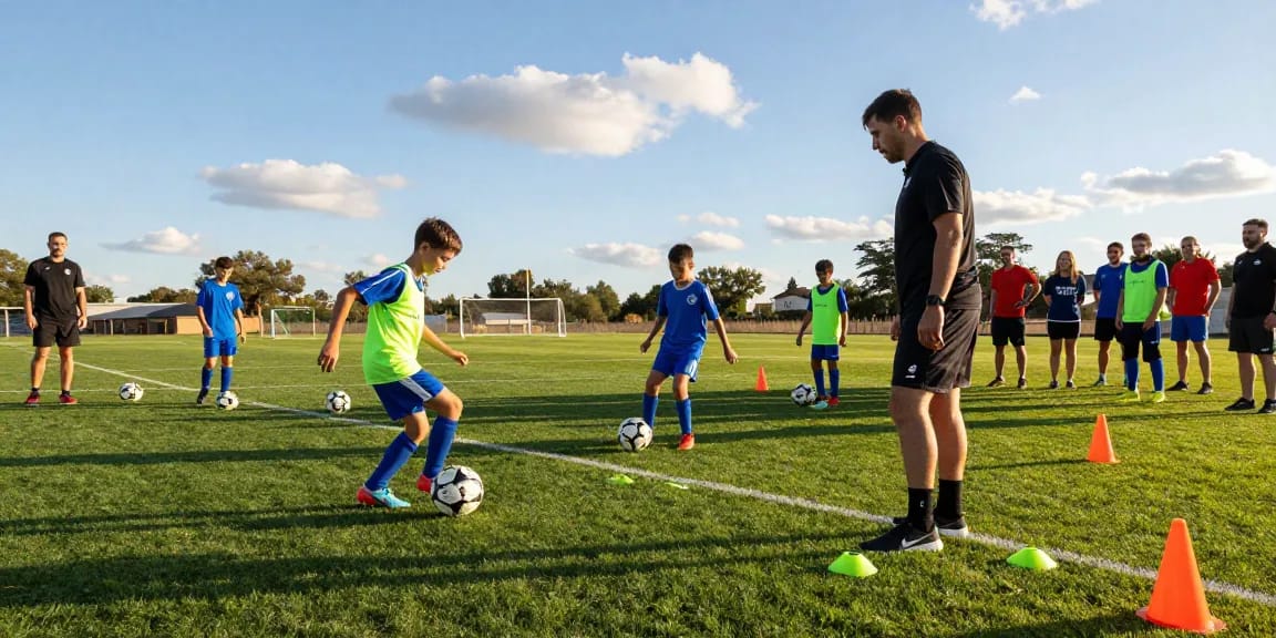 Training mit hochwertigen Fußbällen im Fußball Online Shop von Mantom auf dem grünen Feld.