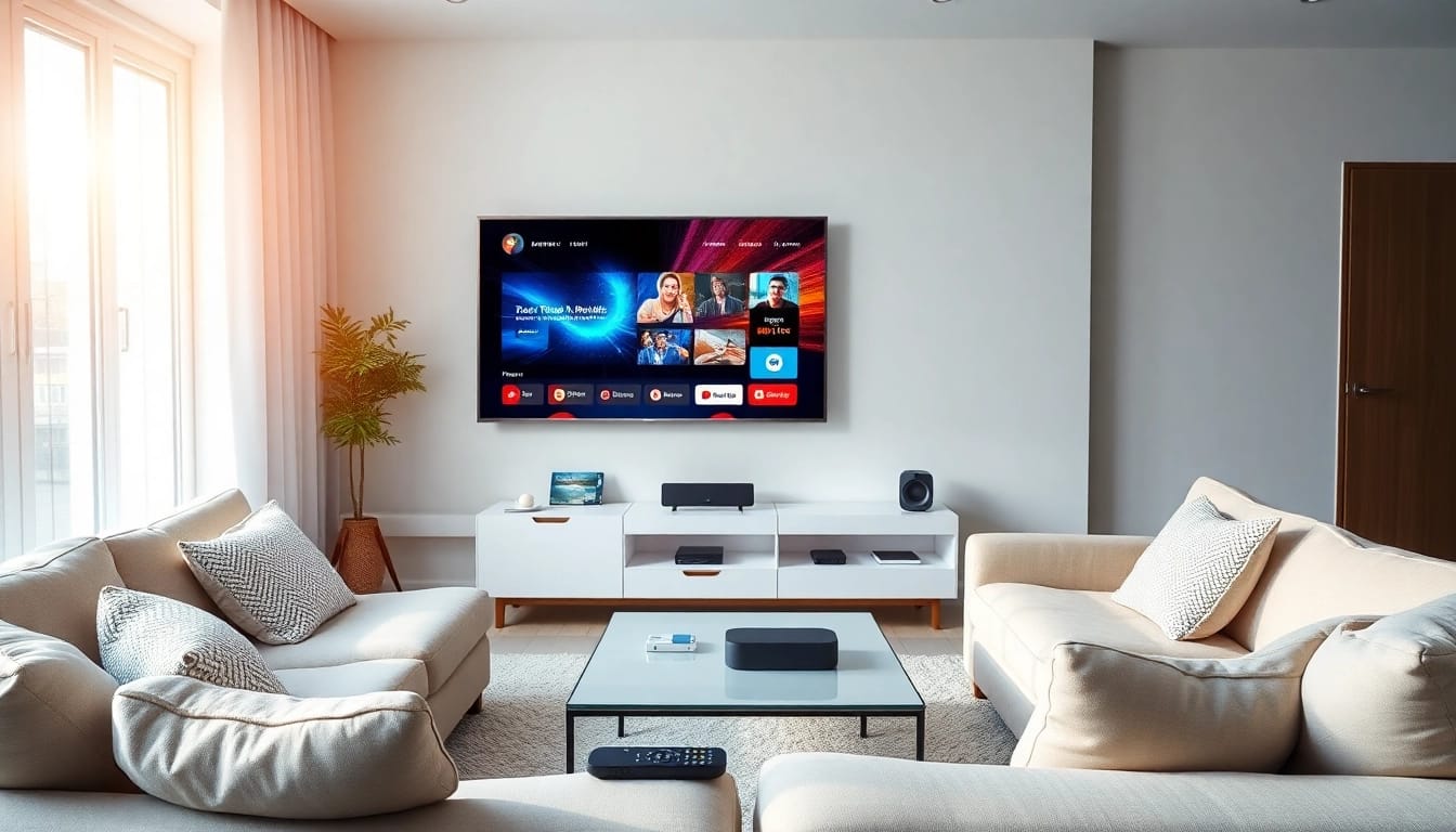 iptv kaufen in einem modernen Wohnzimmer mit TV und lebendigem Streaming-Interface