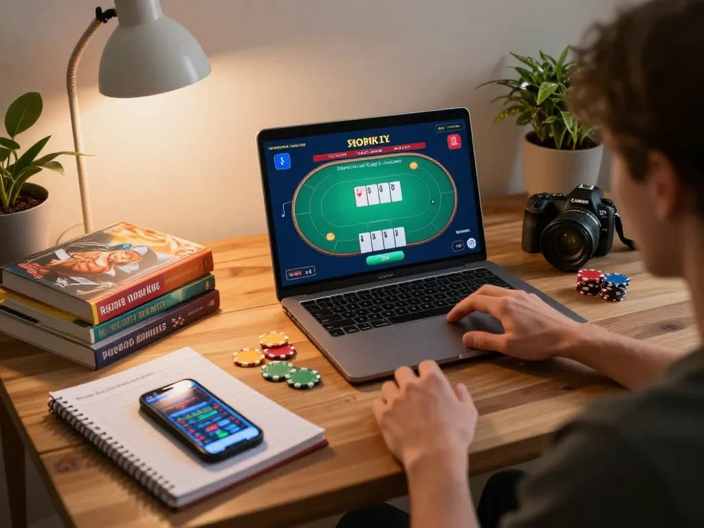 Player engaging with dn88 online poker game and managing bankroll at home setup