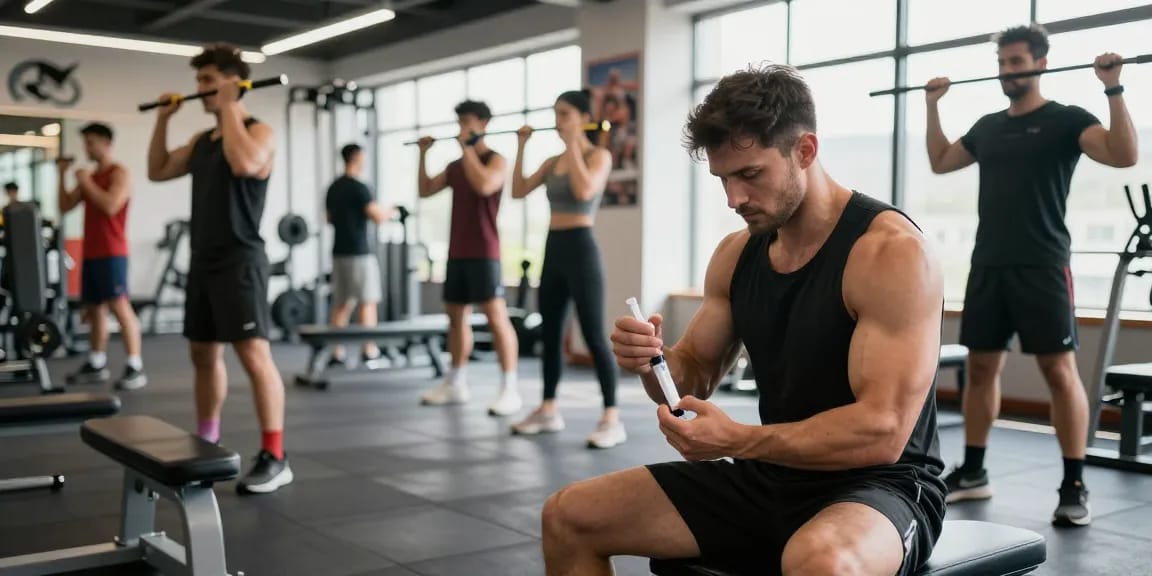 Anabolika-Shop-Fitnessumgebung mit Bodybuildern, die trainieren und sichere Steroidinjektionen in einem hellen Fitnessstudio durchführen.