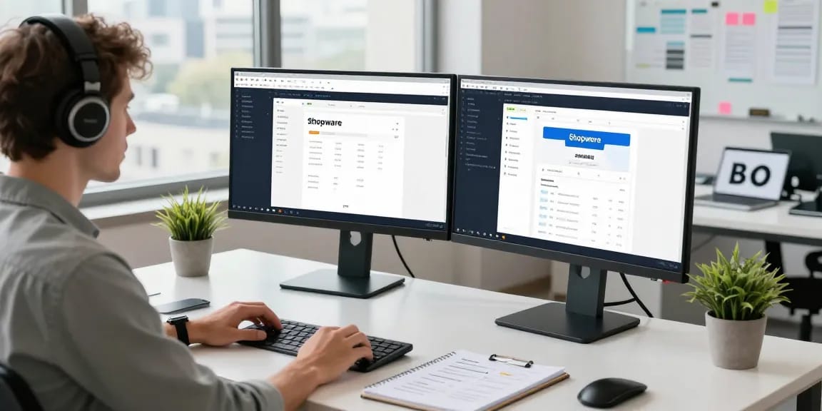 SP Webconsulting-Experte im E-Commerce an einem modernen Arbeitsplatz mit Shopware-Demonstrationen.