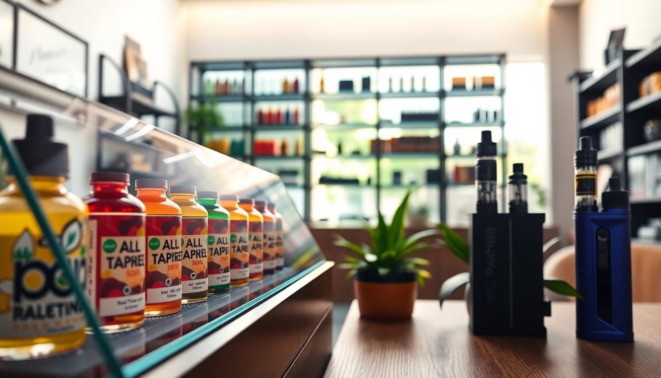 Al Fakher 30K Vapes sind in einem modernen Vape-Shop angeordnet, umgeben von bunten Flüssigkeiten.