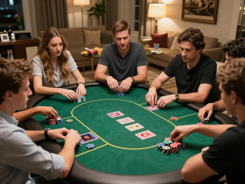 Players enjoying an intense game of poker in a cozy home setting on mb668.