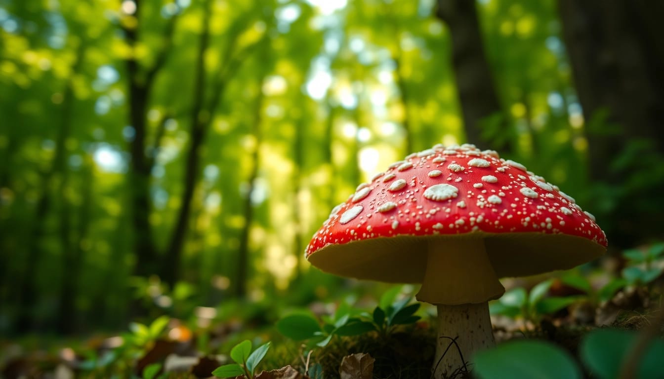 Fliegenpilz kaufen – Handverlesene Amanita muscaria in der Natur, unter einem grünen Blätterdach.