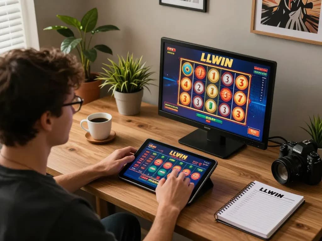 Experience the LLWIN Function while gaming at home, enjoying vibrant slots and strategic betting.
