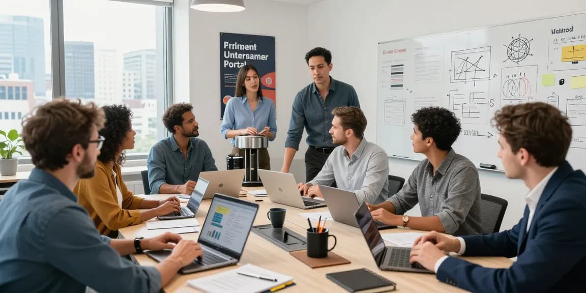 Collaborative entrepreneurs in a modern office discussing strategies at Zum Unternehmer-Portal meeting.