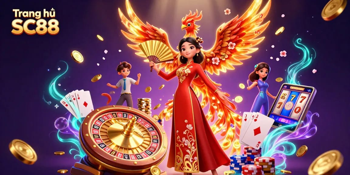 Experience Trang chủ SC88 with a stunning 3D illustration showcasing a Vietnamese woman and vibrant casino elements.