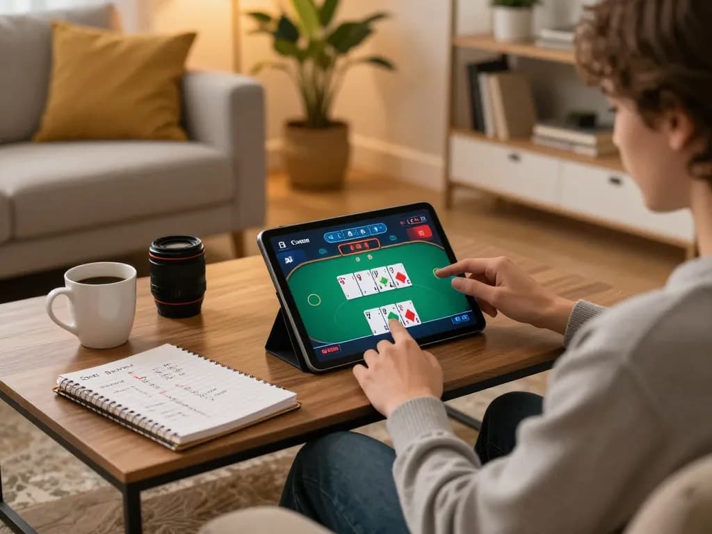 Player engaging in QQ88 poker game on a tablet, showcasing strategic gameplay at home.