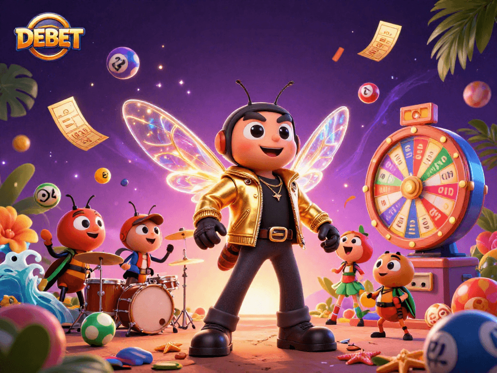 Win with DEBET's vibrant lottery scene featuring fun characters and dynamic gaming elements