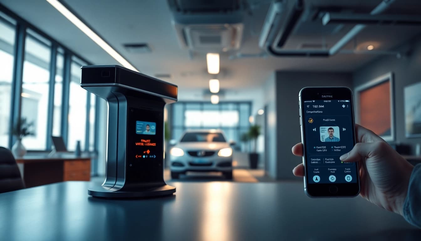 Effiziente elektronische Führerscheinkontrolle mit modernem Scanner und digitaler Schnittstelle in einer Büroumgebung.