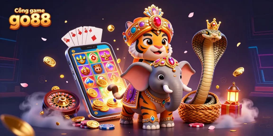 Cổng game go88 features a maharaja tiger and a jewel elephant in a vibrant digital casino illustration.