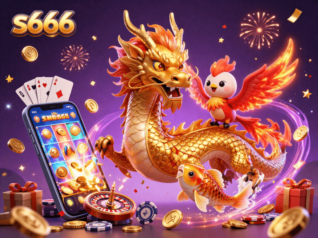 Experience the thrill of s666 with a golden dragon and phoenix amidst coins and gaming elements.